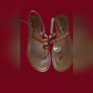Michael Kors Tan Leather MK Logo T-Strap Sandals